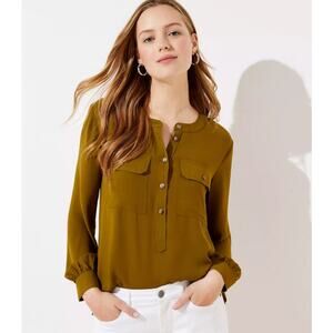 Loft Henley Utility Blouse Womens Medium‎ Yellow Long Sleeves Casual Career